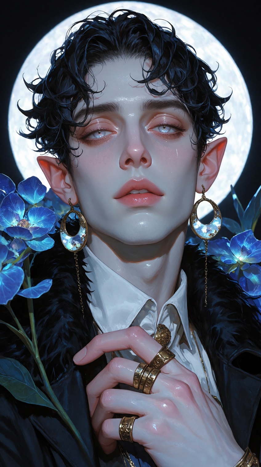 A highly detailed digital painting of an elegant,  pale-skinned elf figure with short,  wet-look curly black hair and poin...