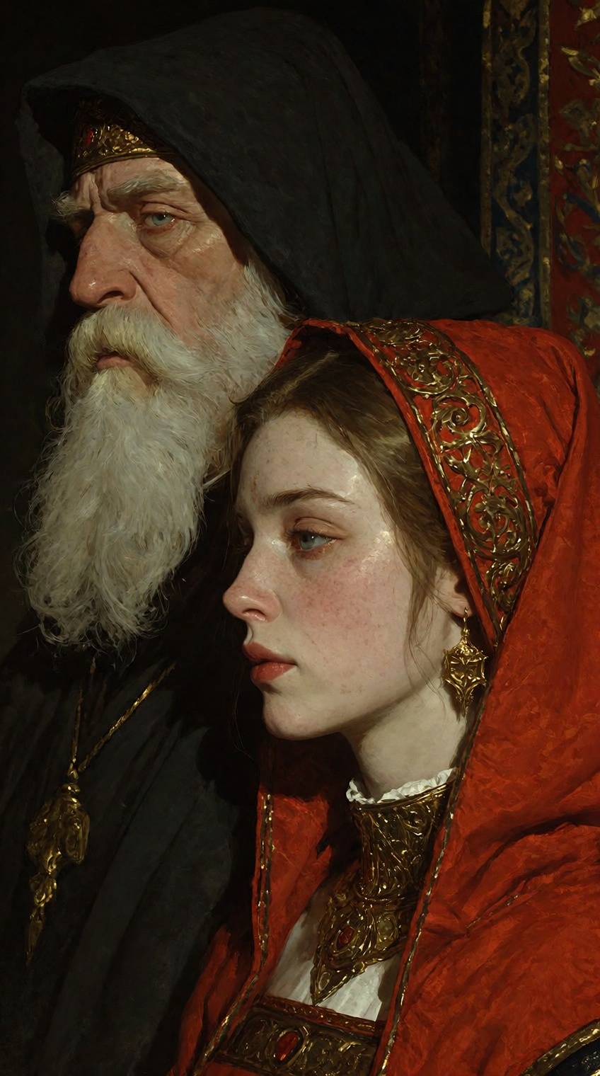 A highly detailed digital painting in the style of a Northern Renaissance oil portrait. The close-up composition features...