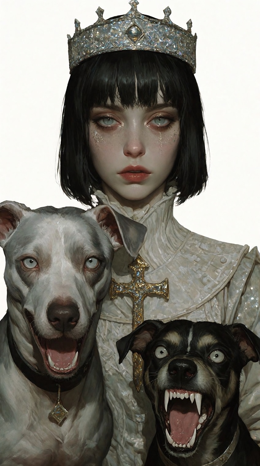 A striking digital painting with a solid white background,  featuring a young queen and two frenzied dogs. The queen has s...