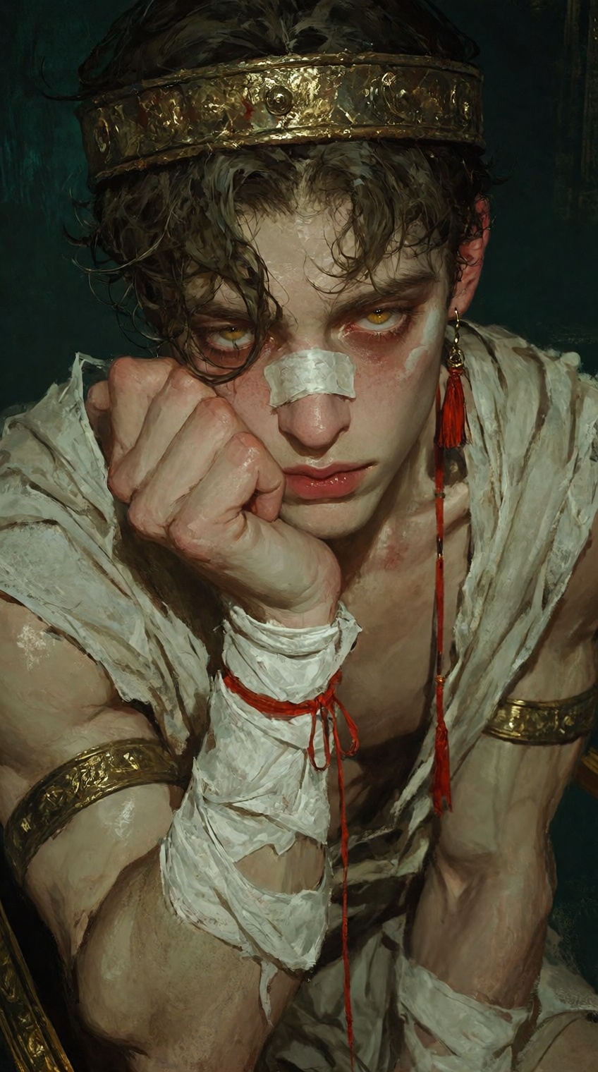 A moody,  stylized digital painting of a melancholic young prince resting his cheek on his closed fist. He has messy,  wet...