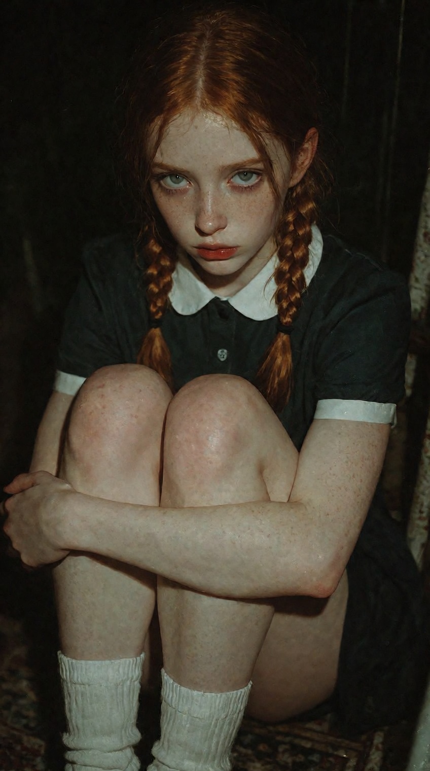 A moody,  low-key portrait of a girl with red hair tied in twin braids,  sitting in the dark hugging her knees. She wears...