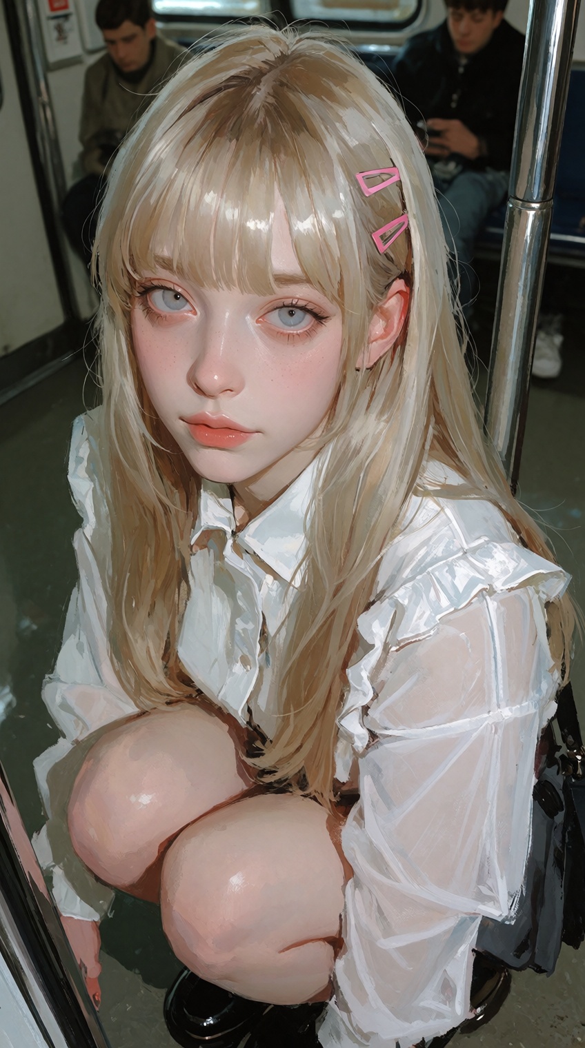 A high-angle digital painting in a soft,  expressive painterly style. A young woman with long,  silky blonde hair and stra...