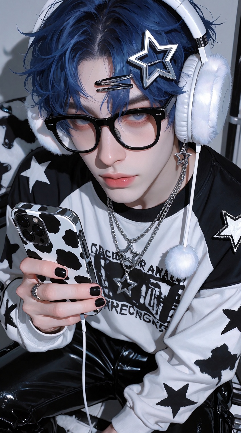 A high-angle,  close-up digital illustration of a young man with messy indigo-blue hair,  looking up through thick black-r...