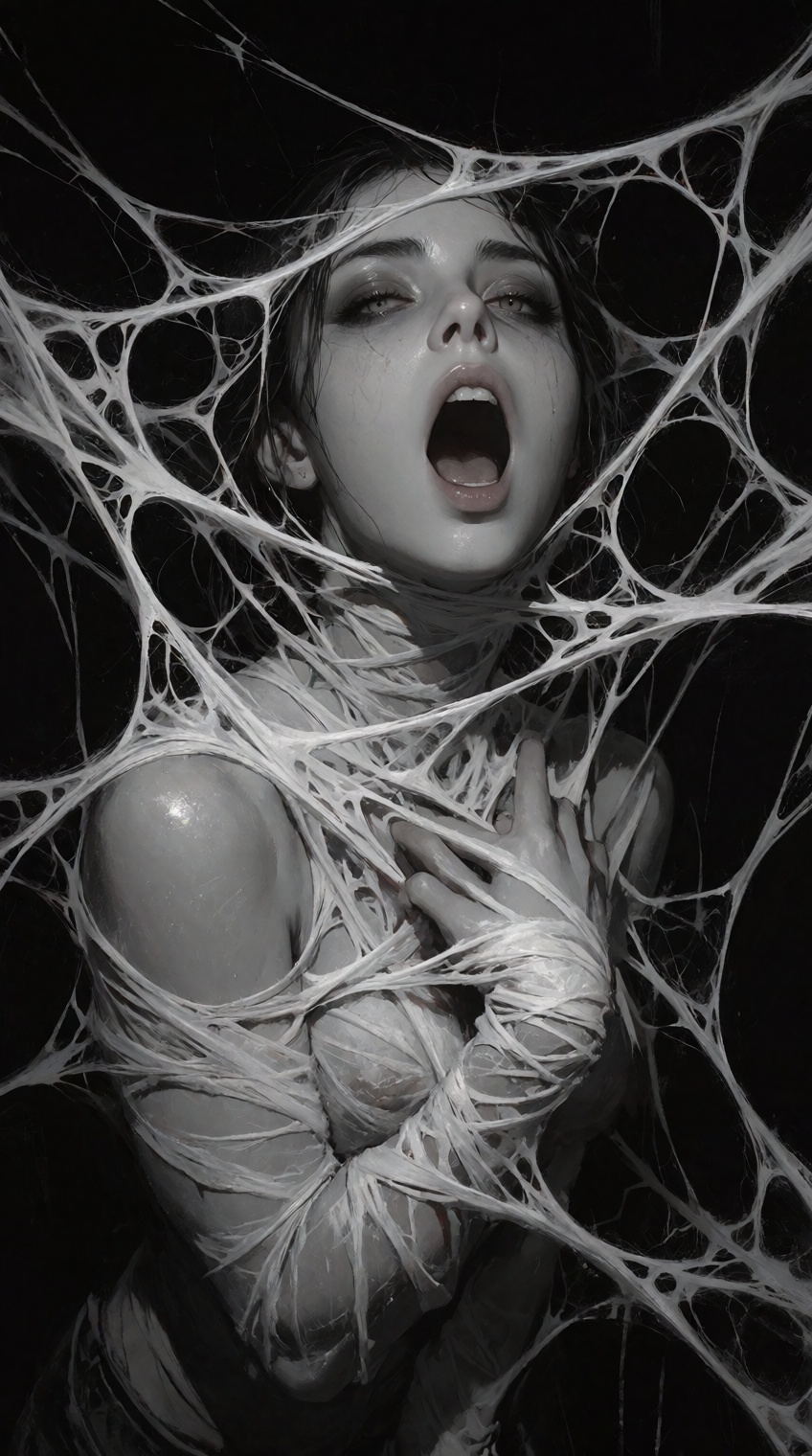 A dark,  moody digital painting in a high-contrast semi-realistic painterly style. A young woman is trapped,  completely t...