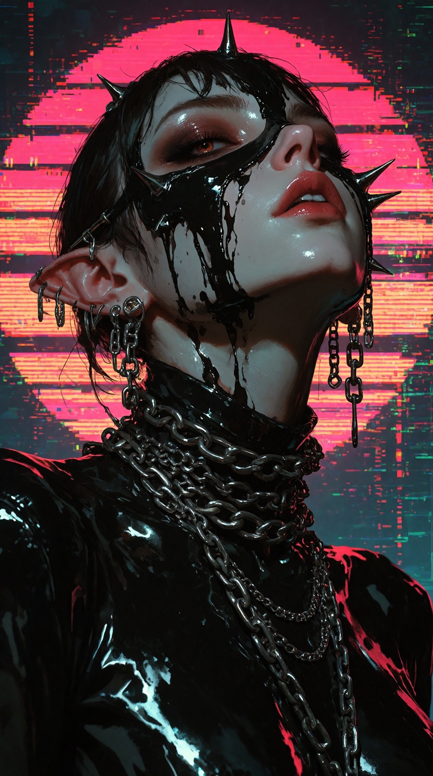 A dark,  futuristic digital painting in a high-contrast semi-realistic painterly style. A humanoid figure with pointy elf...