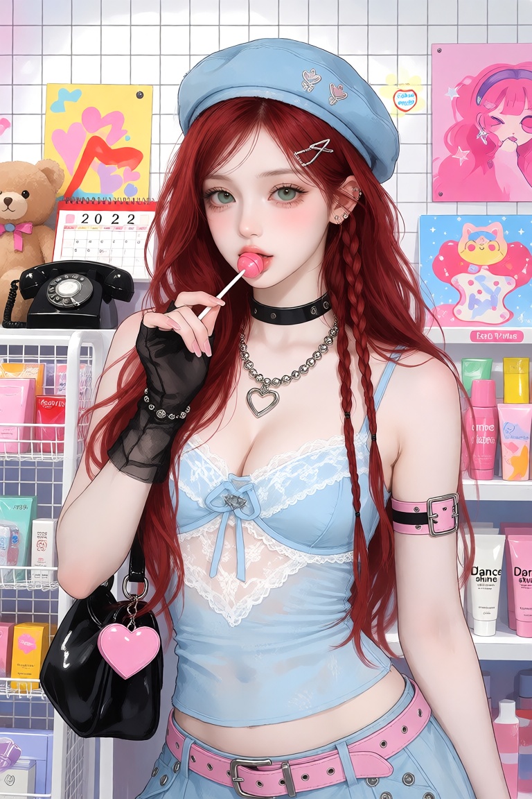 this is a digital illustration in an anime-inspired style depicting a young woman with long,  vibrant red hair styled in b...