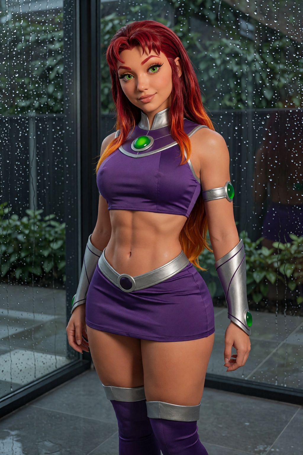 A real picture of Starfire from **** Titans with exaggerated features posing provocatively She is tall with exaggerated fi...