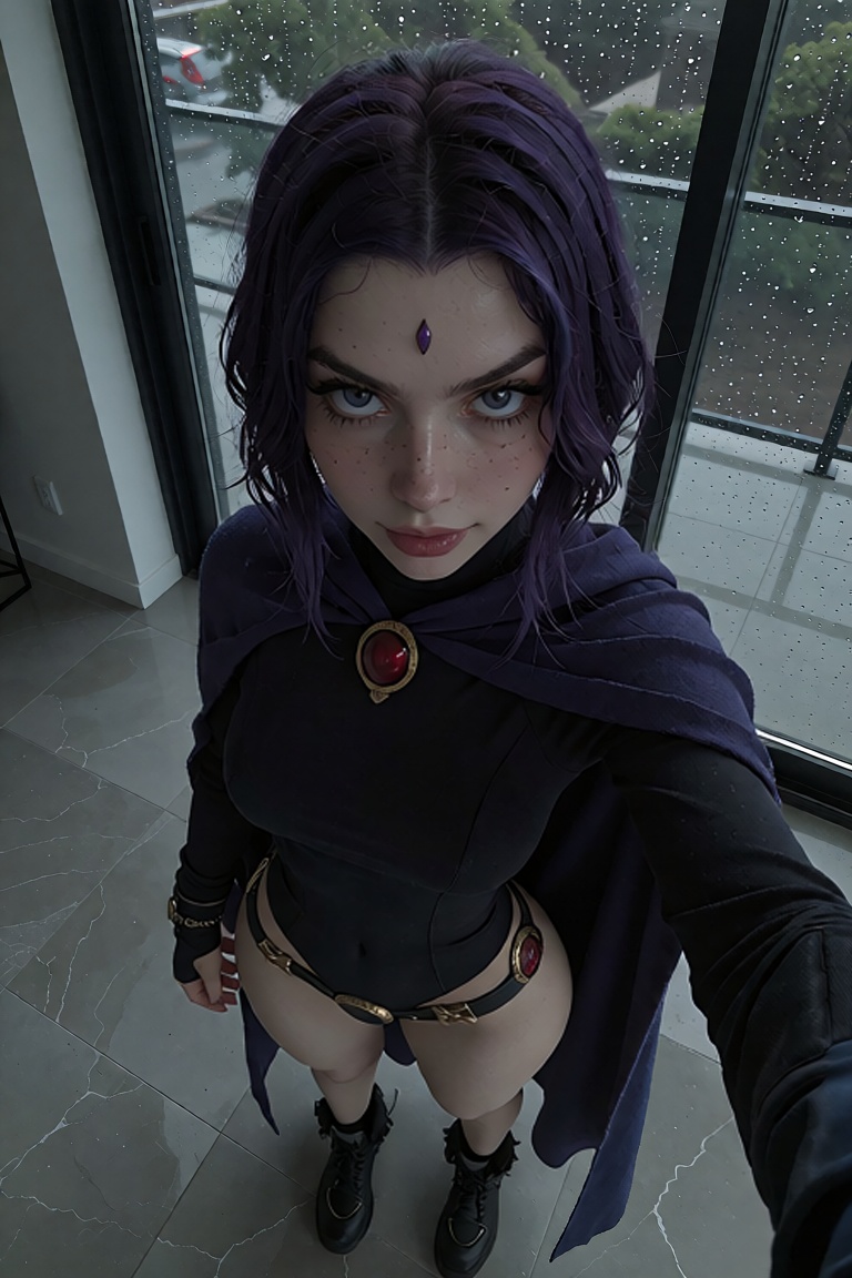 A real picture of teenage Raven from **** Titans with exaggerated features standing posing provocatively looking evil Her...