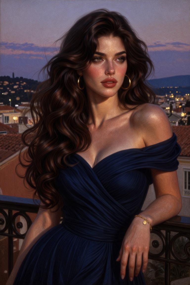 A breathtaking semi-realistic half-body portrait of a woman leaning against a wrought-iron balcony at dusk,  the last warm...