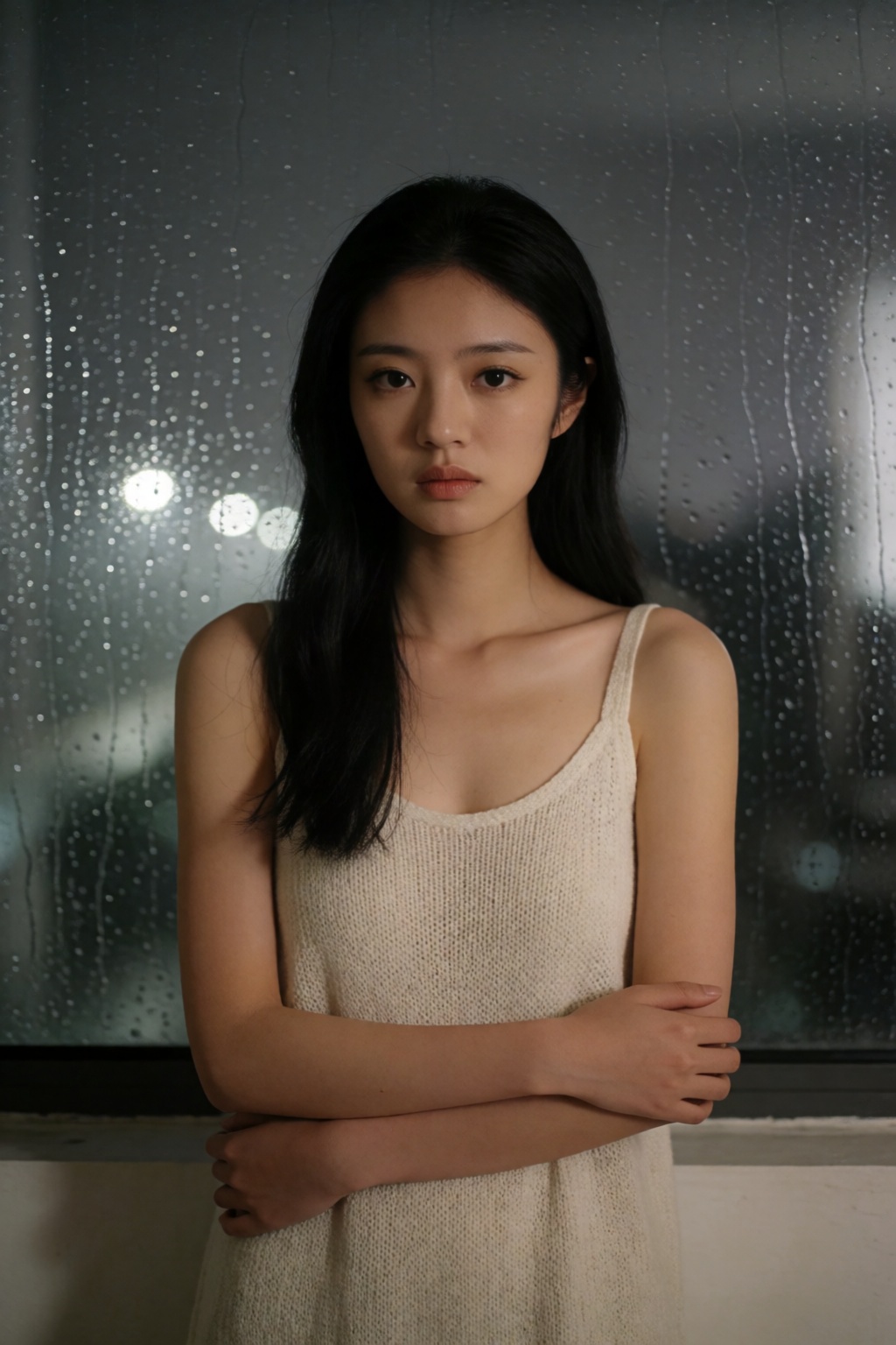 东亚女生人像摄影,  忧郁电影感居家写真风格,  人物站居家落地窗内侧 by 星光花园 on Tensor.Art