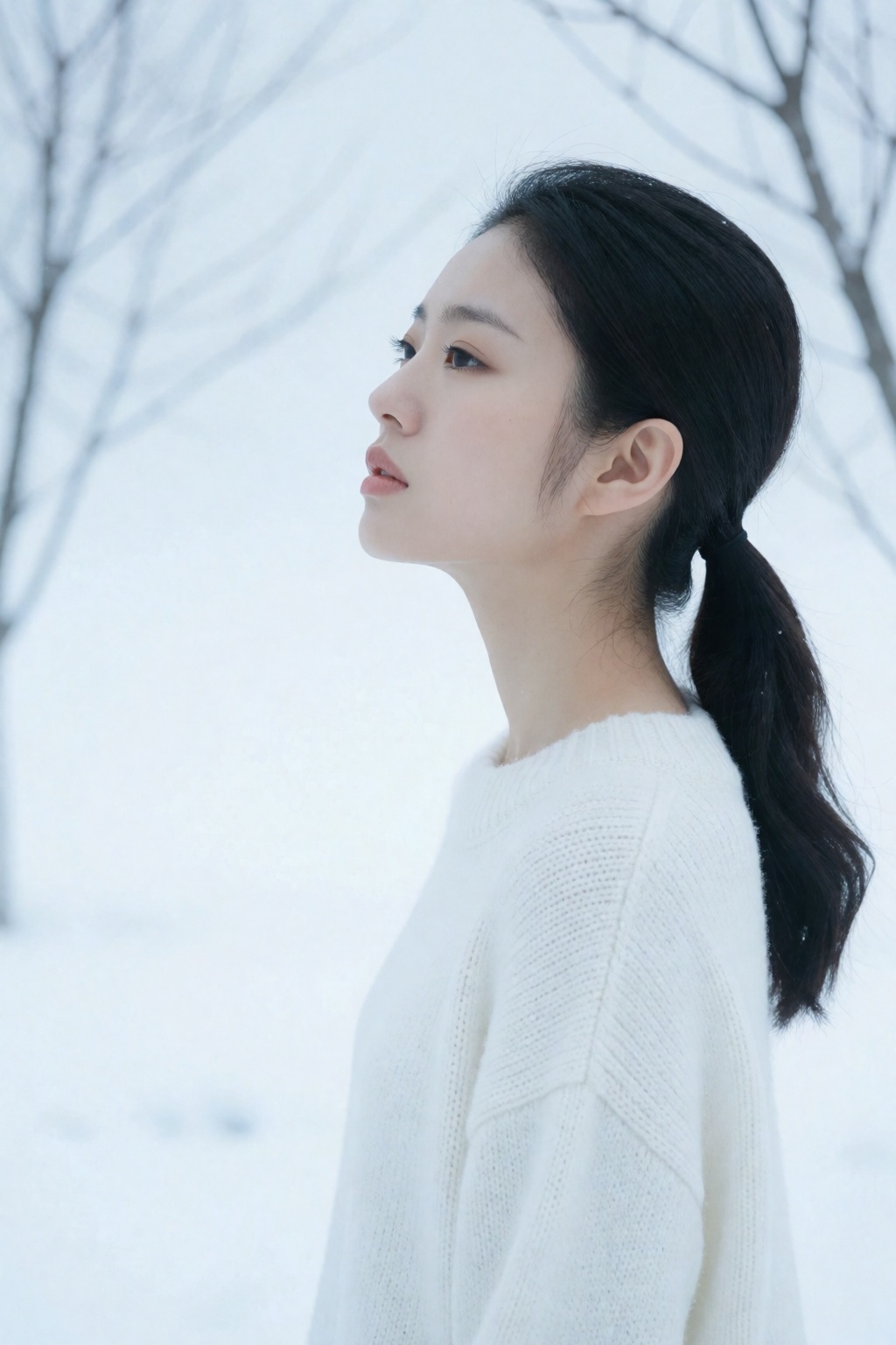 东亚女生人像摄影,  冬日极简清冷户外写真风格,  人物站平整纯白薄雪地面 by 星光花园 on Tensor.Art