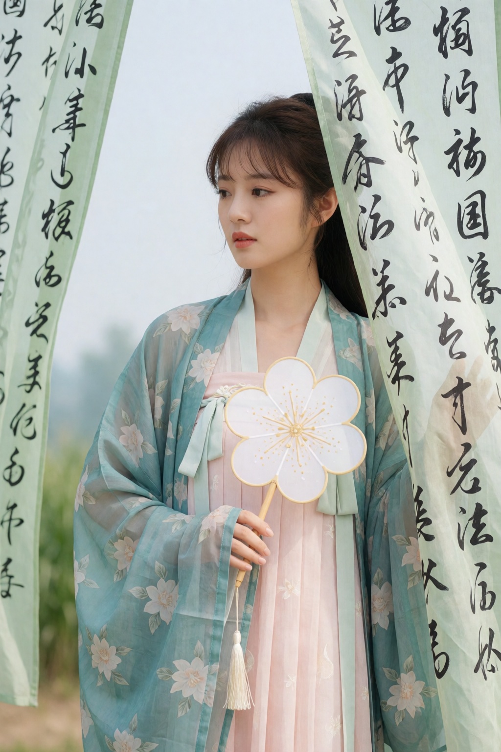 中国女孩小美,  In this medium-profile shot,  a young woman with dark brown hair and wispy bangs wears a layered hanfu ensemble b...