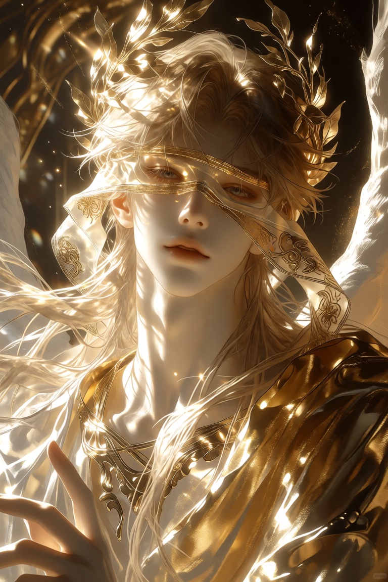 ethereal male figure,  radiant golden light,  blindfolded with ornate golden cloth on Tensor.Art