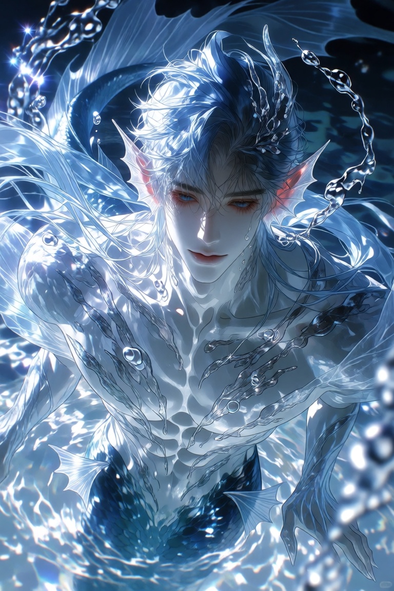 a digital illustration shoot from a frontal camera angle about a serene,  ethereal male mermaid with blue hair and a flowi...