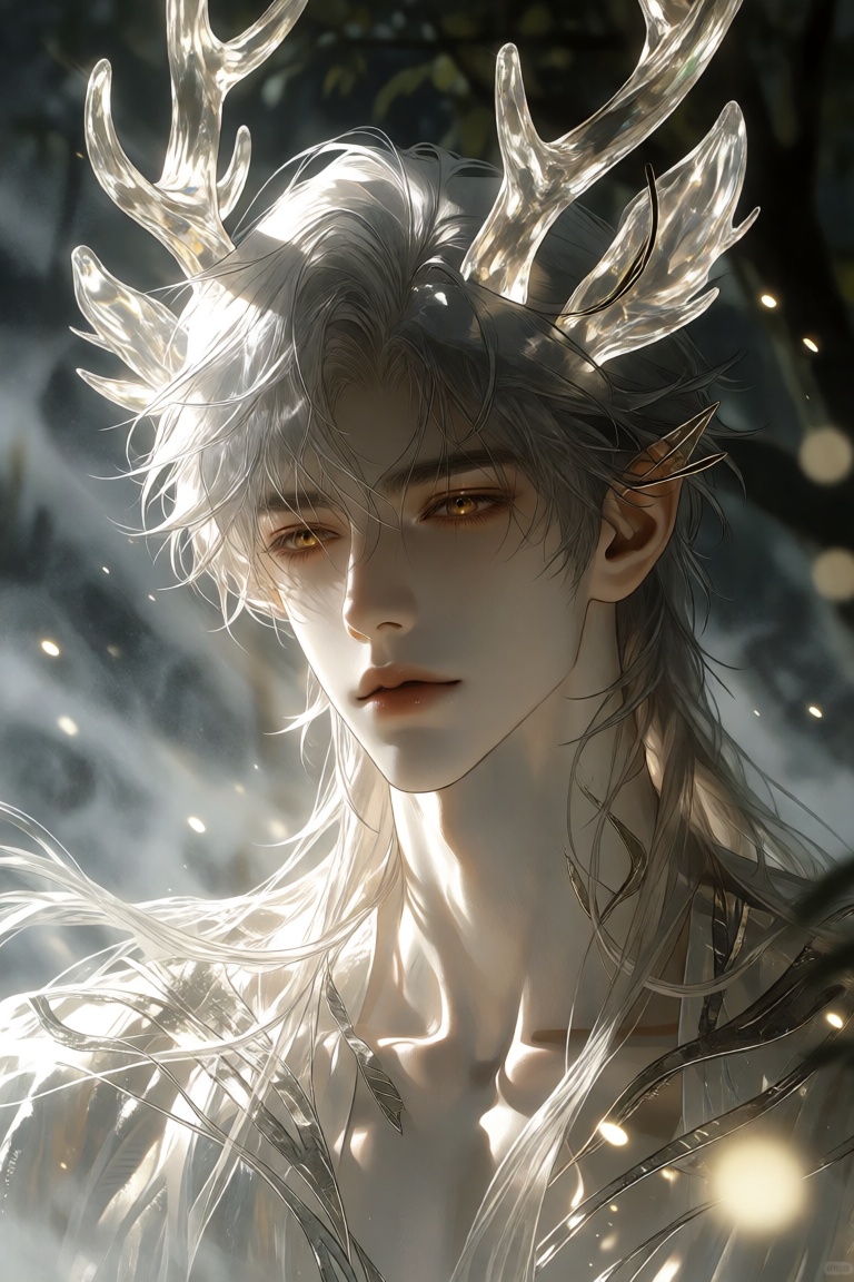 cinematic fantasy portrait of a beautiful man,  silver hair flowing softly in moonlight,  dark golden eyes glowing gently...