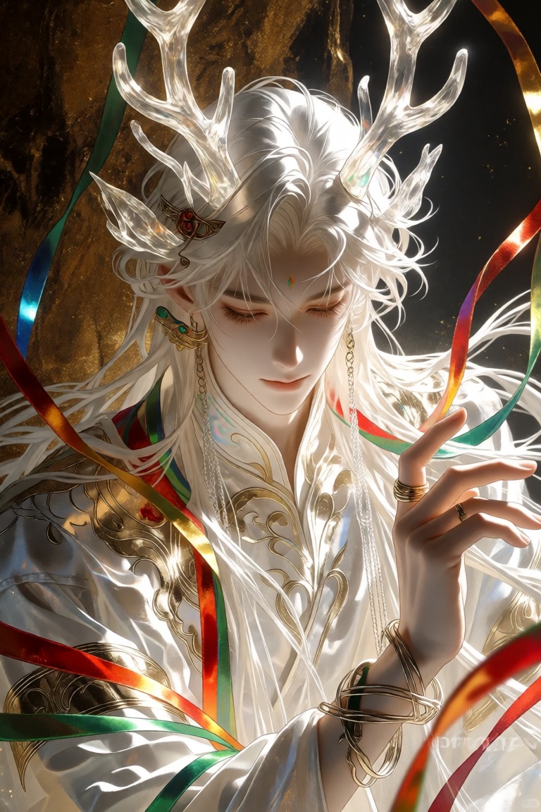 a digital illustration shoot from a portrait camera angle about a mystical character with white hair and antlers,  adorned...