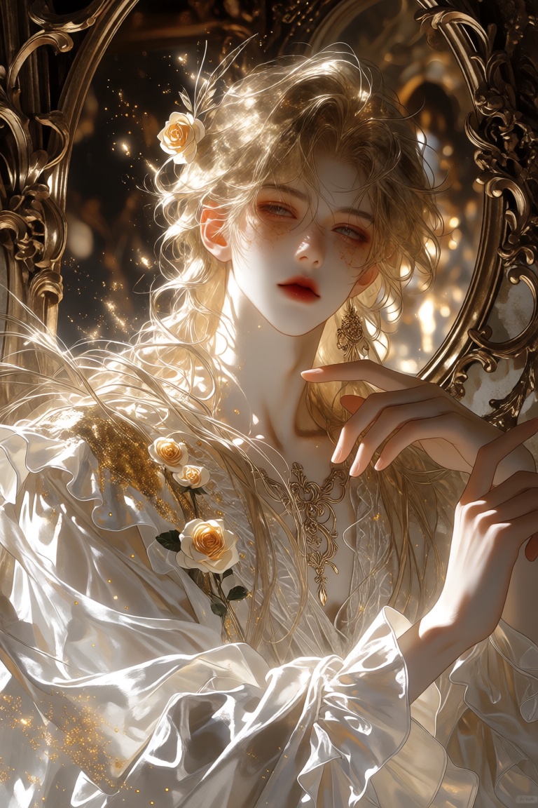 semi-realistic anime style portrait of a young ethereal woman with long wavy golden-blonde hair,  porcelain skin,  soft bl...