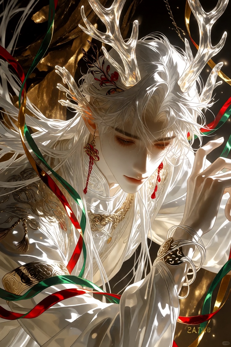 a digital illustration shoot from a portrait camera angle about a mystical character with white hair and antlers,  adorned...
