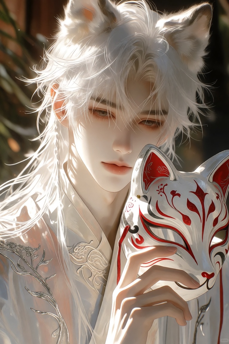 A beautiful and ethereal young man with long,  soft white hair,  slightly tousled and flowing naturally on Tensor.Art