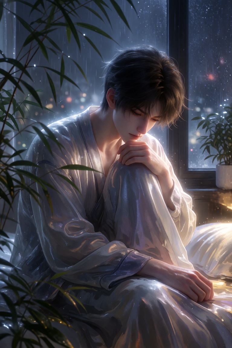 现代卧室夜晚内景,  一位齐耳短发年轻男性坐在床上,  浅色家居服 on Tensor.Art