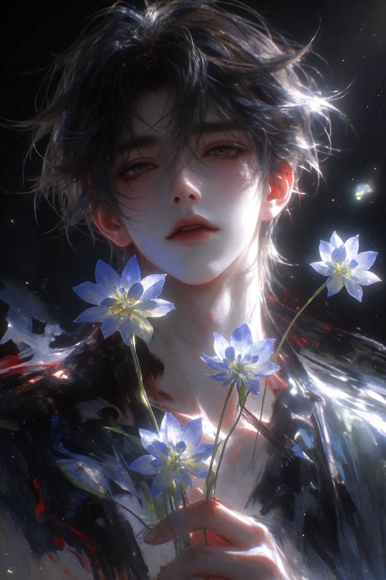 一个勿忘我花的真人亚洲韩系美少年淡彩,  低饱和,  暗调 on Tensor.Art