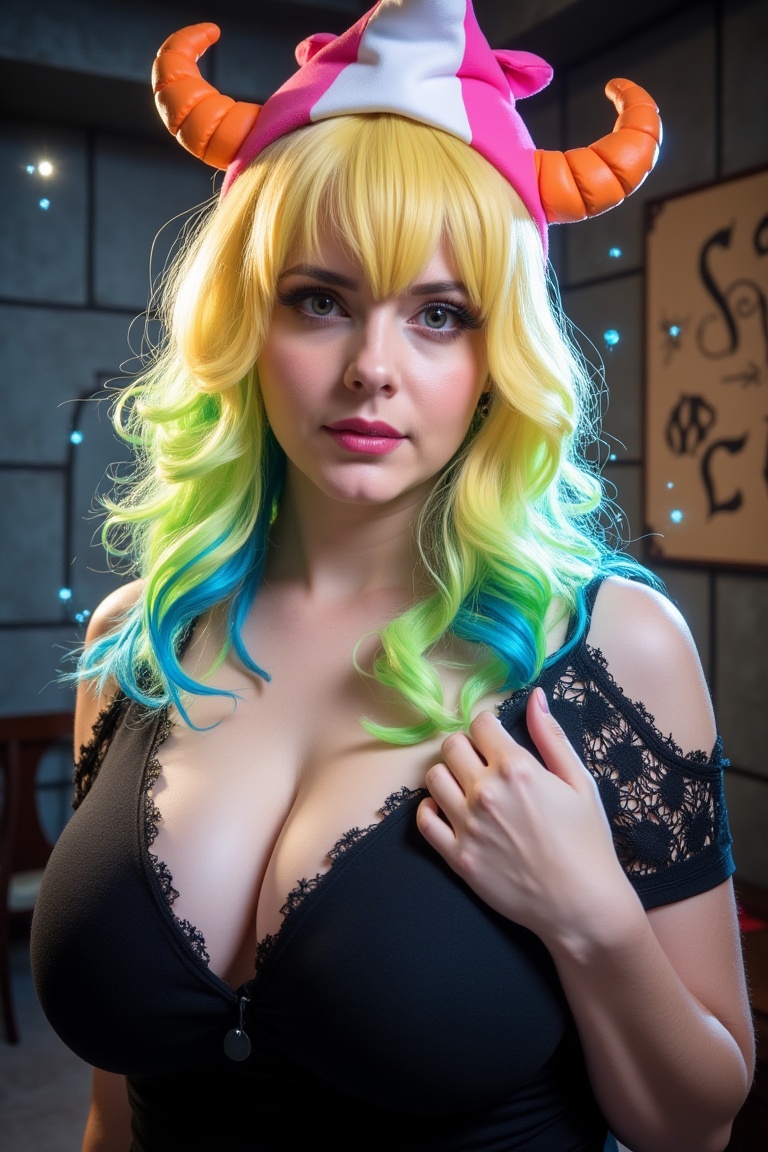 A fantasy-styled portrait of a cosplay character with long,  wavy multicoloured hair blending bright yellow,  green on Ten...