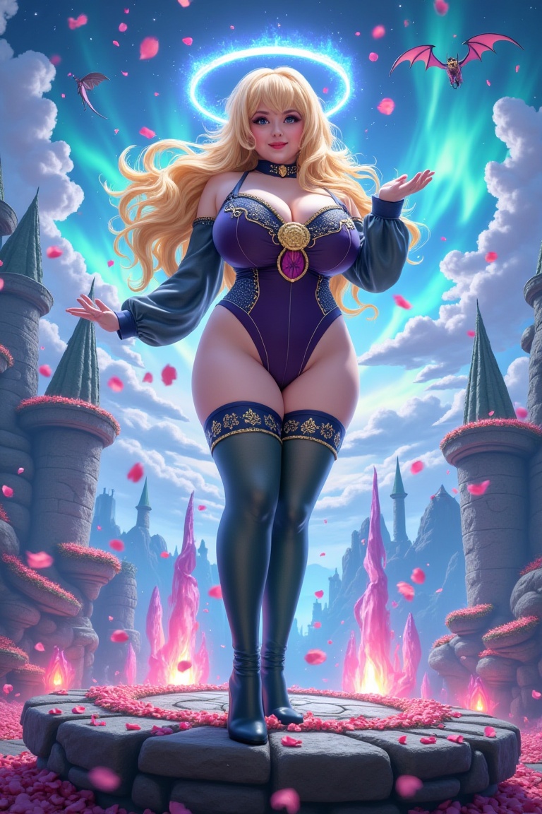 A Lucoa cosplay character stands gracefully in a luminous fantasy realm,  her signature long,  flowing multicoloured hair...