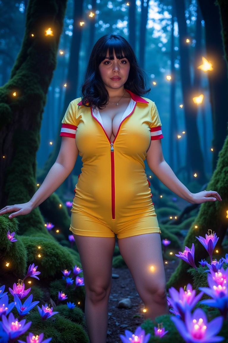 A young woman with shoulder-length dark hair stands centrally in a lush,  enchanted forest,  wearing a form-fitting on Ten...