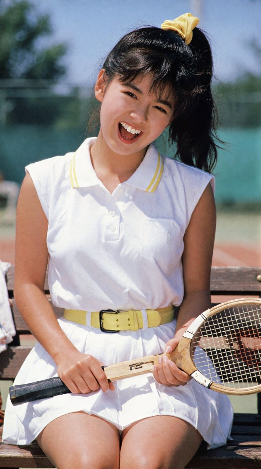 An energetic,  sunny 1980s Japanese gravure calendar photo,  high contrast and saturated colors on Tensor.Art