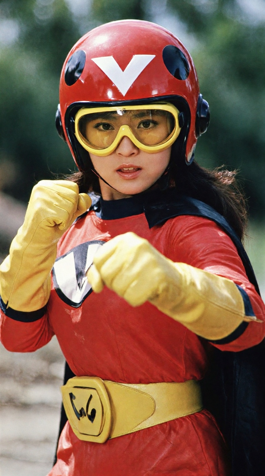 A vibrant medium shot capturing a female superhero in a classic 1970s Japanese tokusatsu style,  striking a dynamic martia...