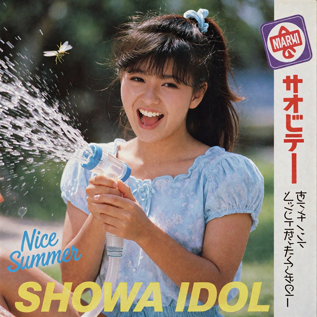 A smiling woman with a high ponytail and bangs is featured in a retro magazine scan. She laughs brightly while holding a c...