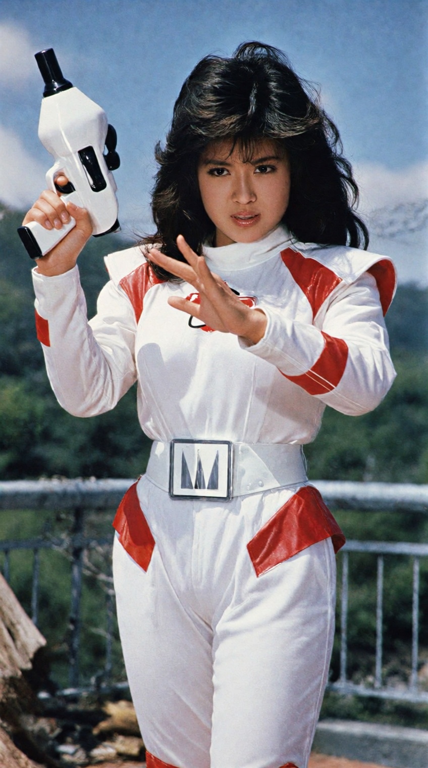 A vintage medium-full shot capturing a female sci-fi hero from a 1980s Japanese tokusatsu series standing outdoors on a ba...