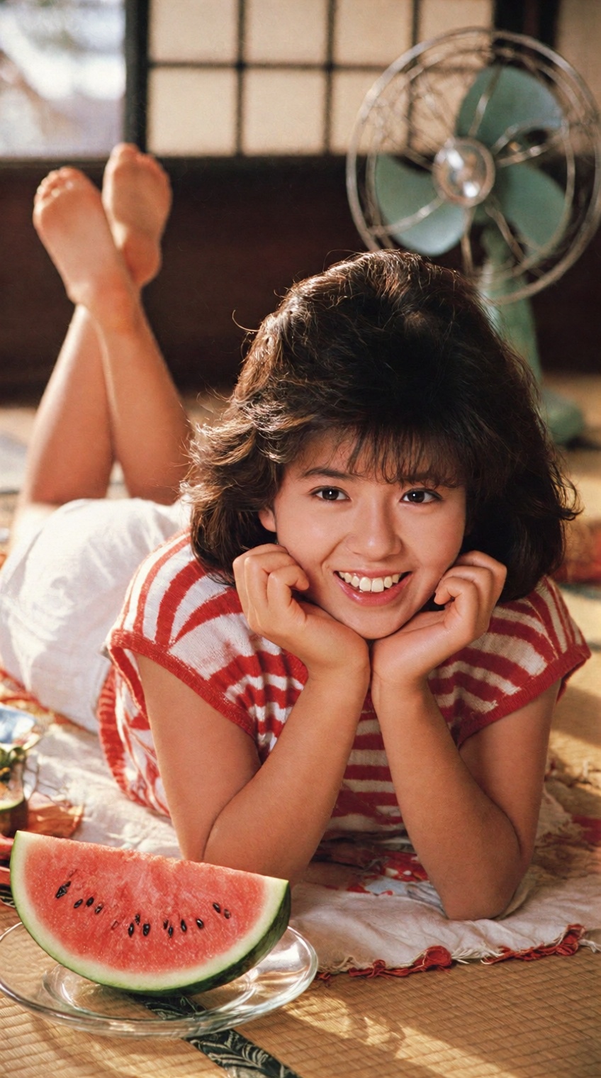 A vibrant,  nostalgic 1980s Japanese gravure idol photograph,  warm analog 35mm film grain on Tensor.Art