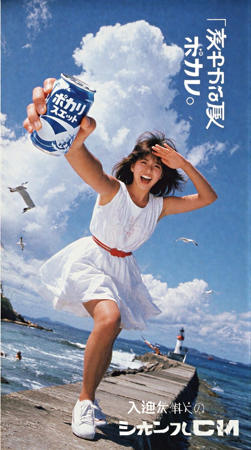 A vibrant 1980s Japanese sports drink advertisement. Ultra low-angle wide shot of a beautiful 日本人女性(Japanese woman) standi...