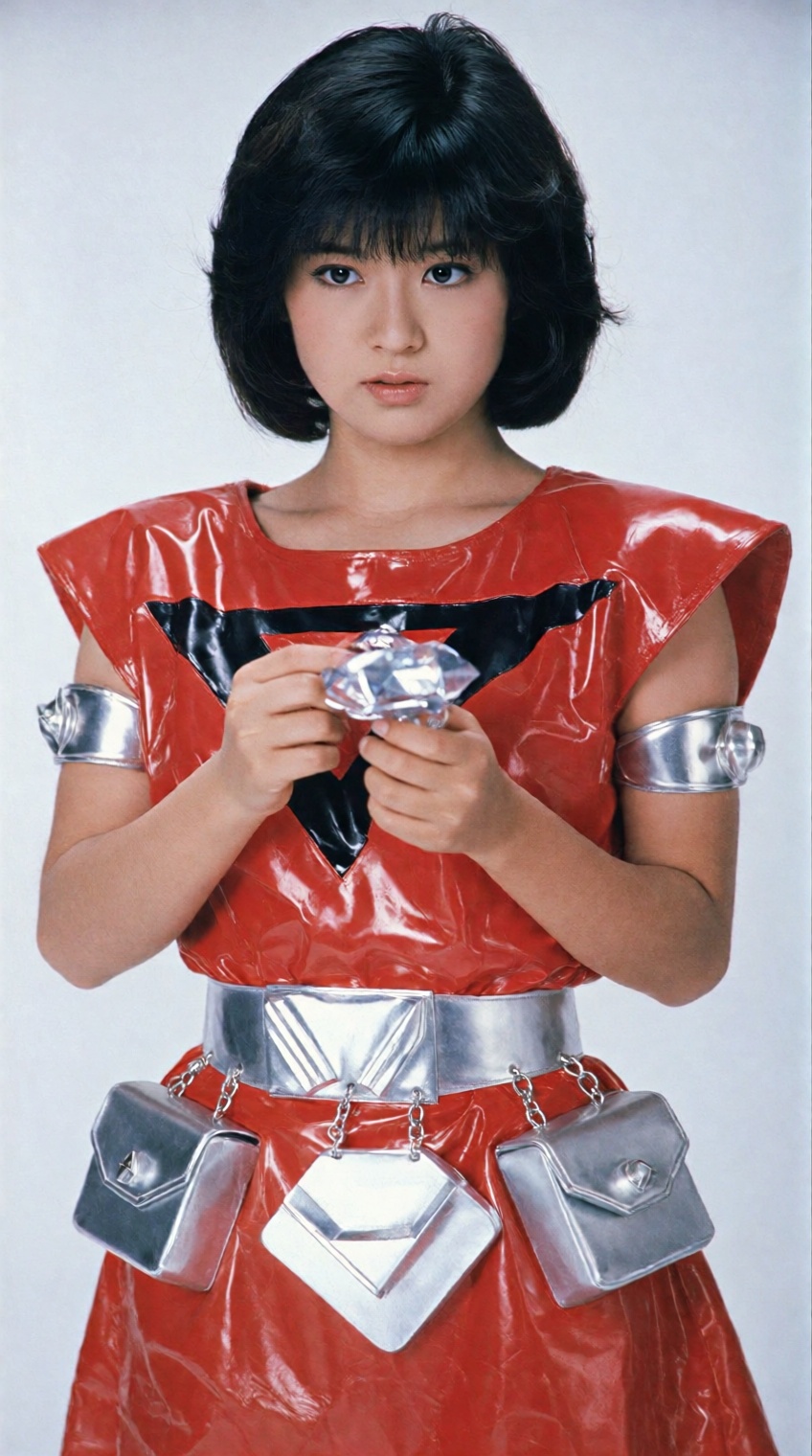 A medium studio shot of a young Asian woman dressed in a retro-futuristic,  1980s-style sci-fi costume. She has a sleek,...