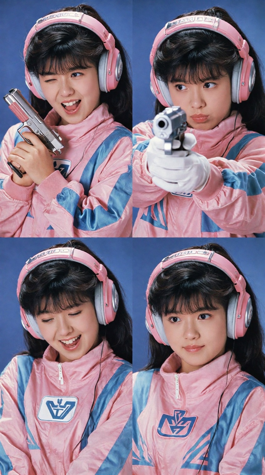 A vibrant four-panel photo collage capturing a young Asian woman styled in a playful,  retro-futuristic 1980s Japanese ido...