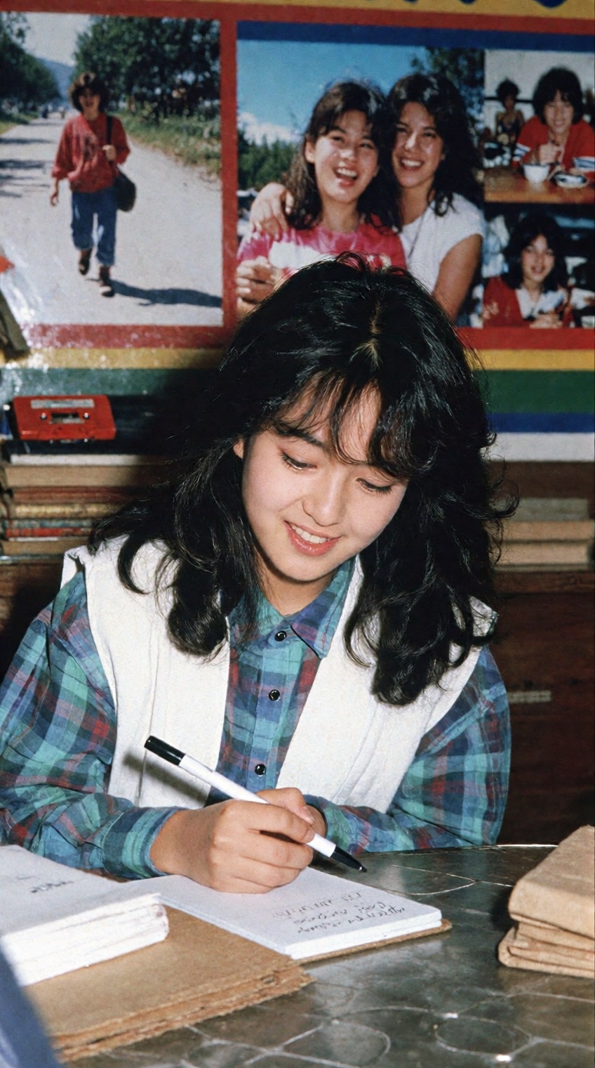 A young woman with dark,  wavy shoulder-length hair and bangs sits at a metallic table,  focused on writing in a small not...