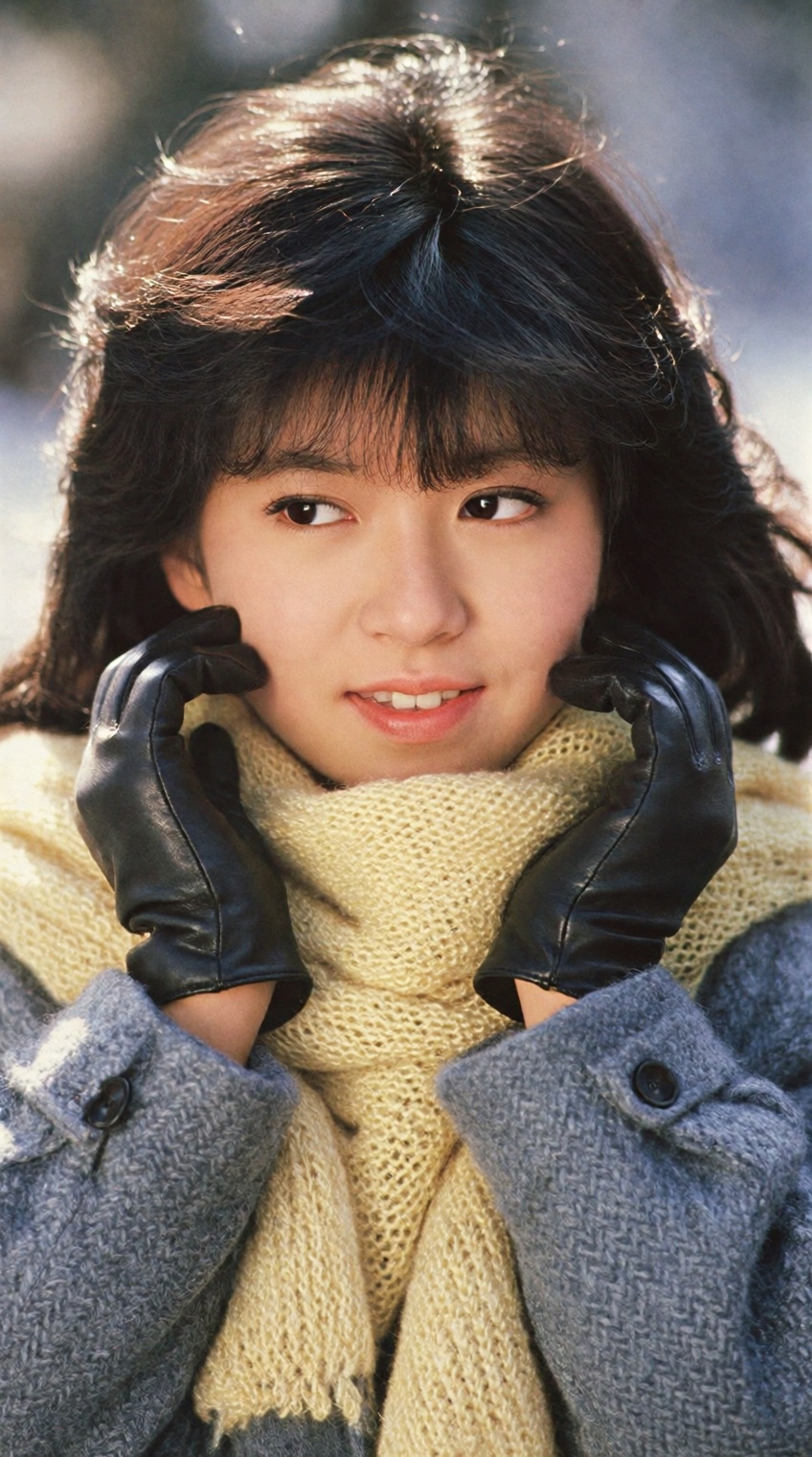 A cinematic medium close-up portrait capturing a young Asian woman in a stylish,  nostalgic winter setting,  reminiscent o...