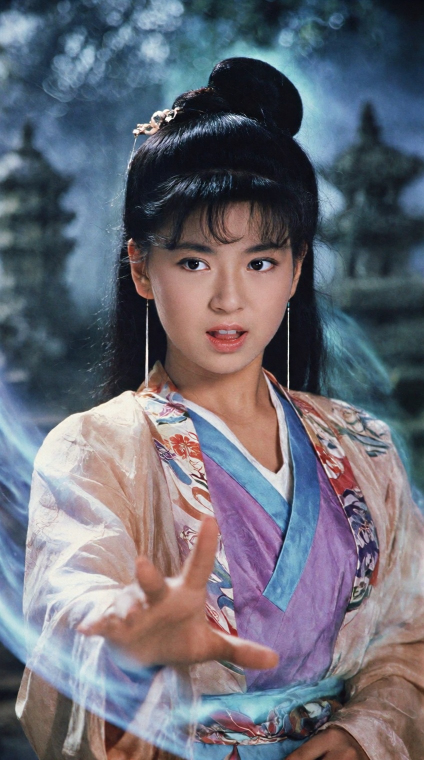 A cinematic medium shot of a beautiful young East Asian woman from a classic 1980s Hong Kong supernatural fantasy film. Sh...