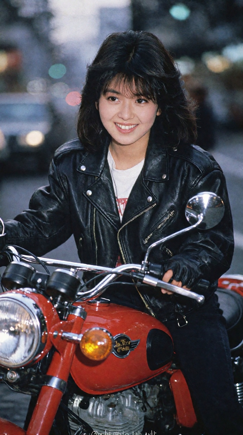 A cinematic film still capturing the essence of the city pop aesthetic. A cool Japanese woman,  dressed in a black leather...