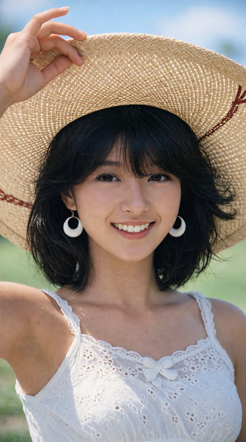 A young woman with short black hair and bangs smiles warmly at the camera,  her right hand gently lifting the brim of a wi...