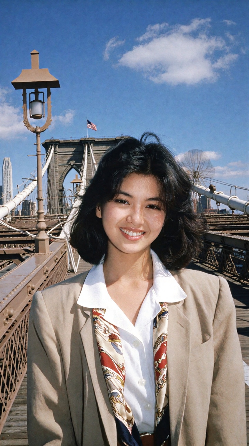 @showa_idol,  A woman with shoulder-length dark wavy hair smiles warmly at the camera,  standing on a metal pedestrian wal...