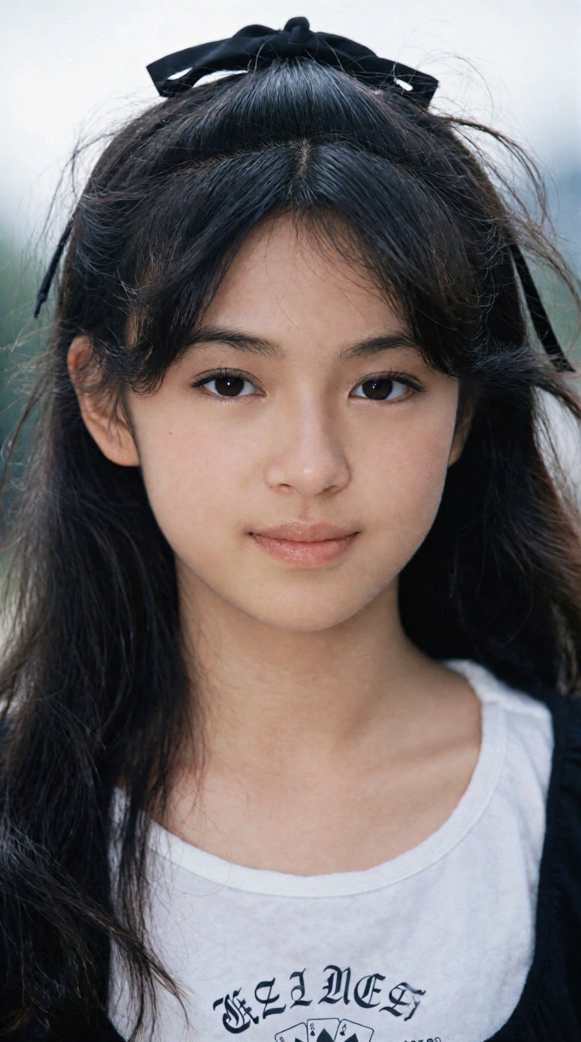 A young woman with long,  dark hair parted in the middle and secured by a black ribbon gazes directly at the viewer with a...