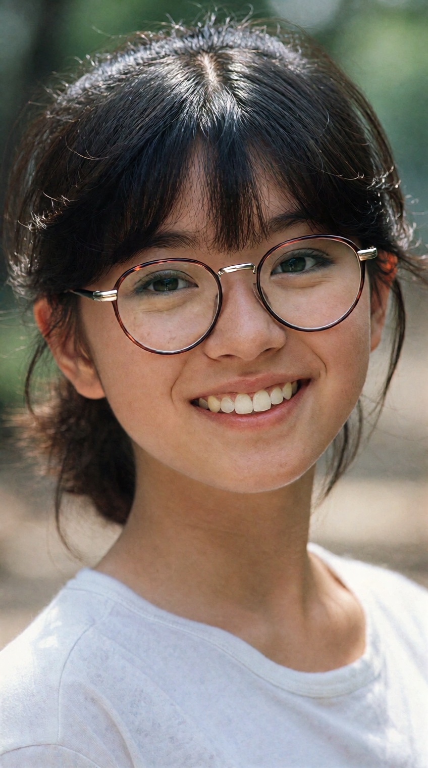 A young woman with dark,  shoulder-length hair and bangs smiles warmly at the camera,  wearing round glasses with thin red...