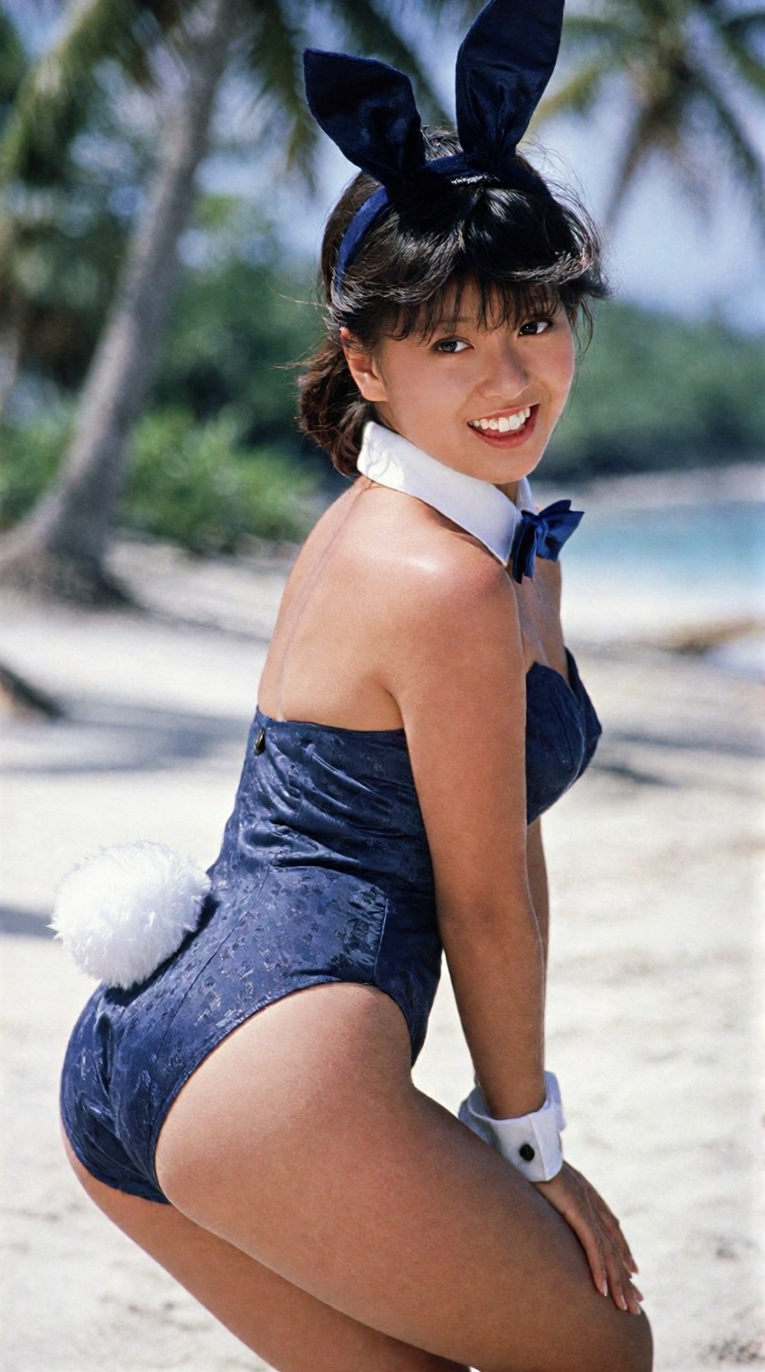 A vibrant medium shot capturing a young Asian woman in a playful pose on a sun-drenched tropical beach. She is dressed in...
