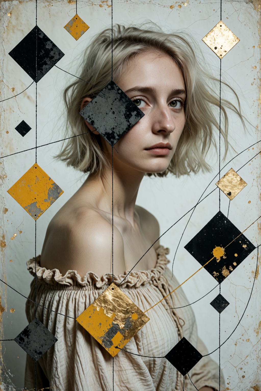 An exquisite artistic mixed-media portrait fusing a delicate realistic young woman with abstract geometric elements. The w...