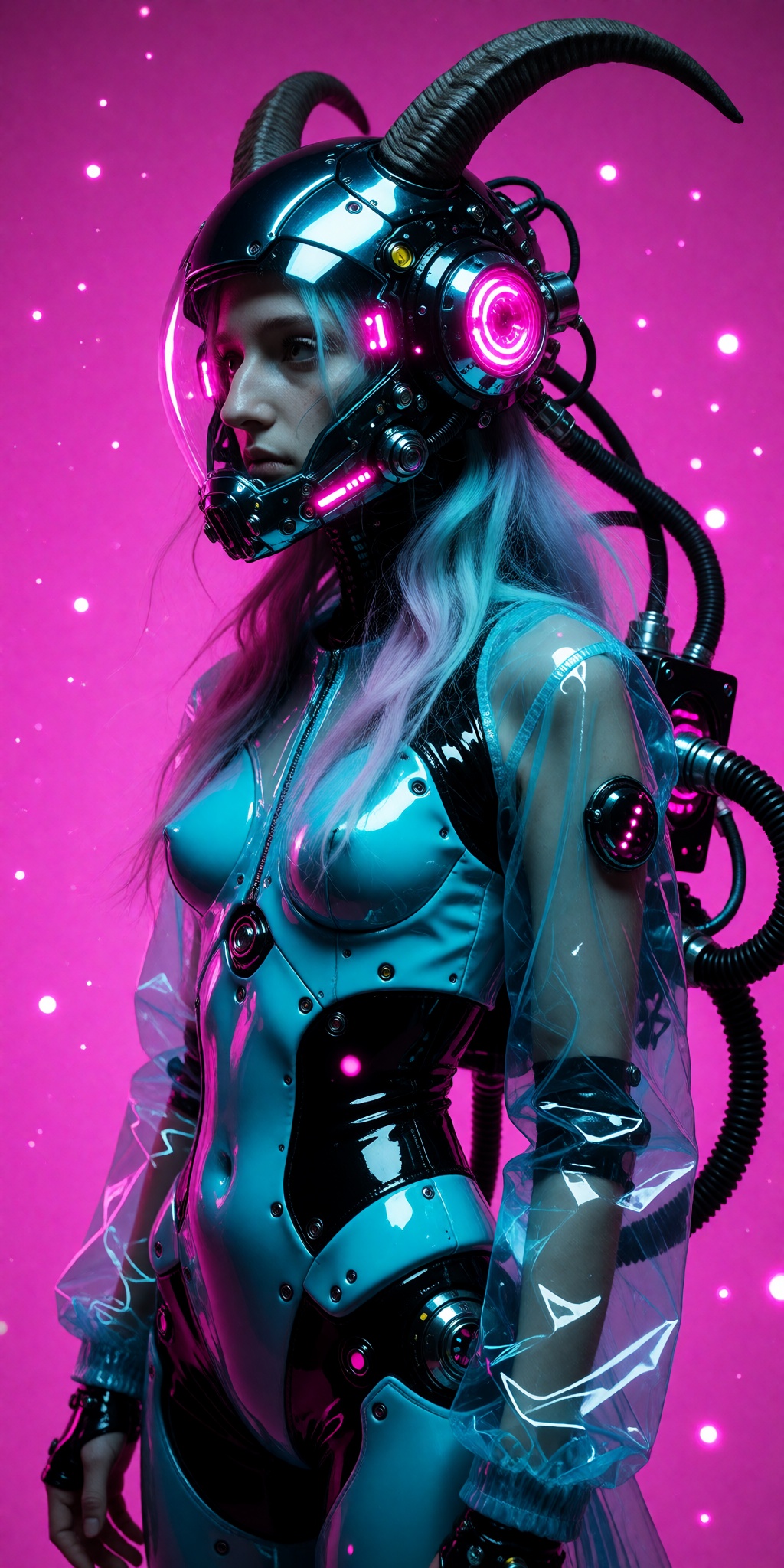 A sleek,  high-gloss cyberpunk studio portrait of a young woman standing against a solid,  vibrant neon magenta background...