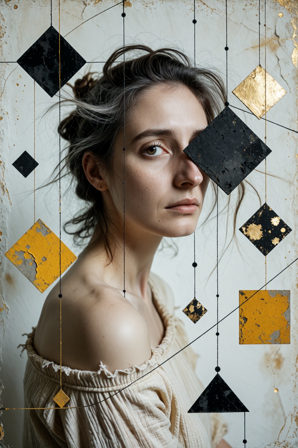 An exquisite artistic mixed-media portrait fusing a delicate realistic young woman with abstract geometric elements. The w...