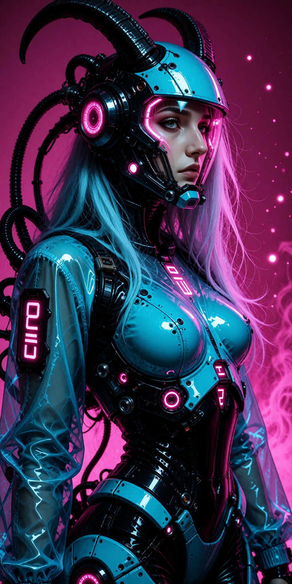 A sleek,  high-gloss cyberpunk studio portrait of a young woman standing against a solid,  vibrant neon magenta background...