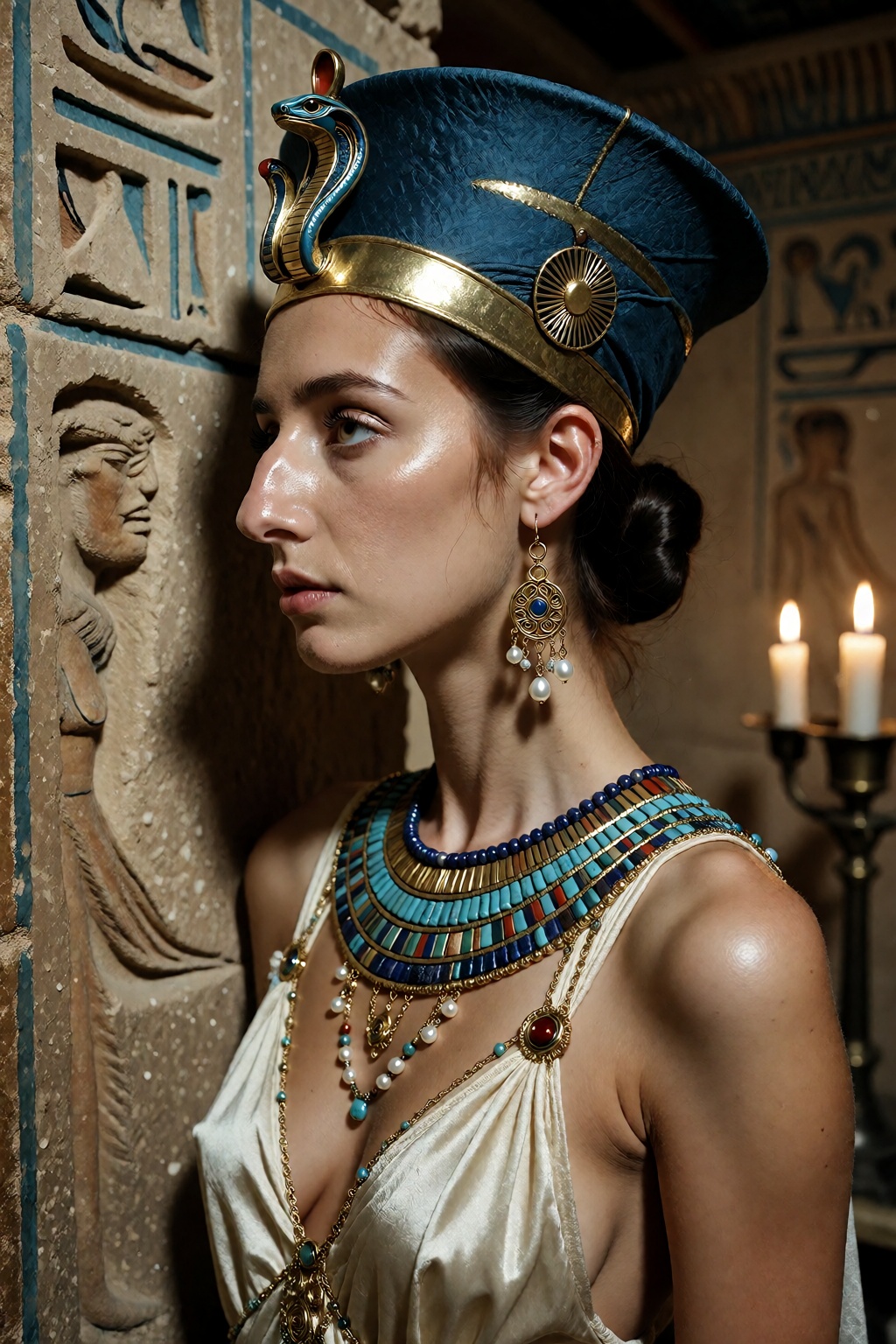 A cinematic,  high-resolution medium close-up portrait of a dignified young woman resembling an ancient Egyptian queen,  c...